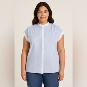 Vintage C&A Blue Checkered Blouse Mandarin Collar Short Sleeve ButtonDown Top 14